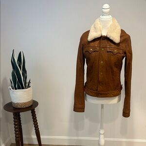 True Religion Tan 100% real leather jacket with faux shearling on collar